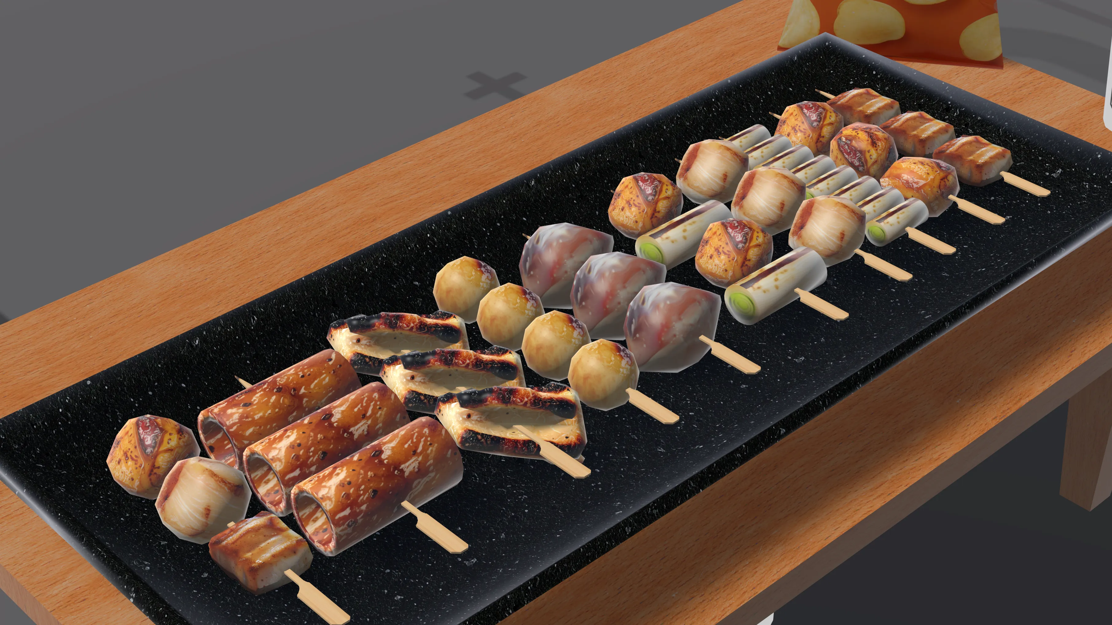 【VRChat想定ワールドアセット】「焼き鳥10種盛り合わせ(+缶ビール&ポテチ)」